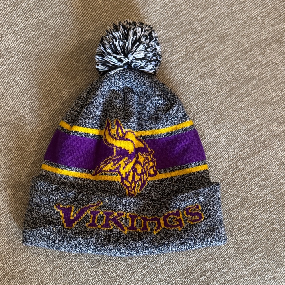 Gray and Purple Pom-Pom Beanie